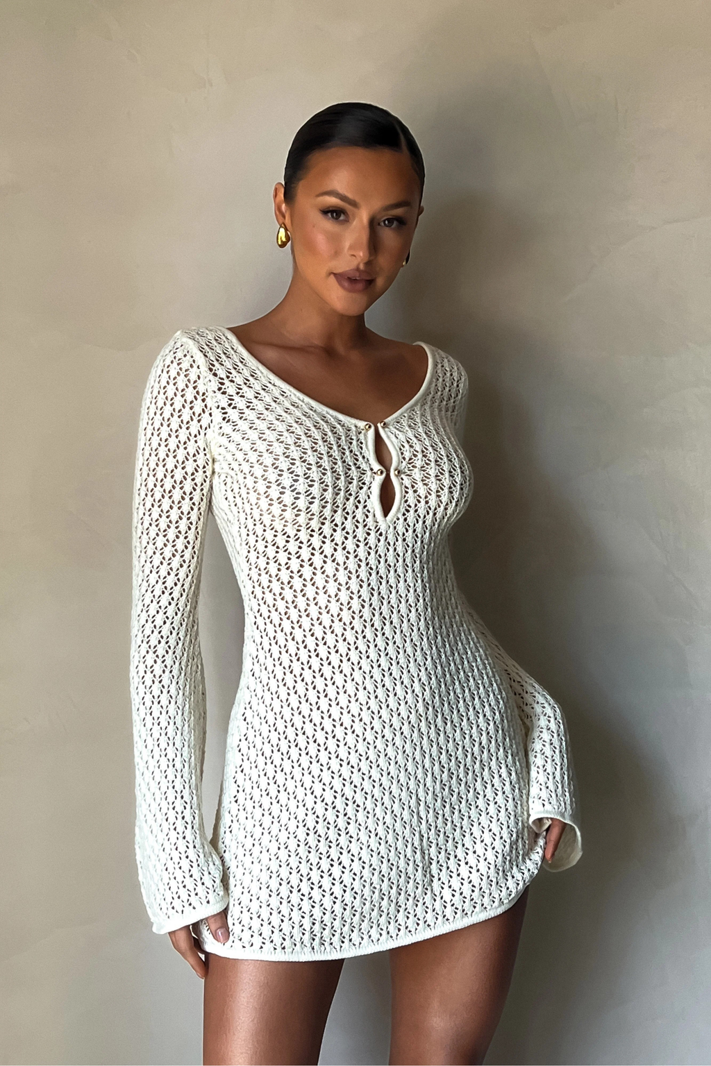 Knit Mini Dress Long Sleeve Beach Style