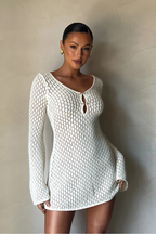 Knit Mini Dress with Long Sleeves and Open Knit Design