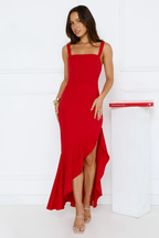 Ruffle Hem Midi Dress with Square Neckline