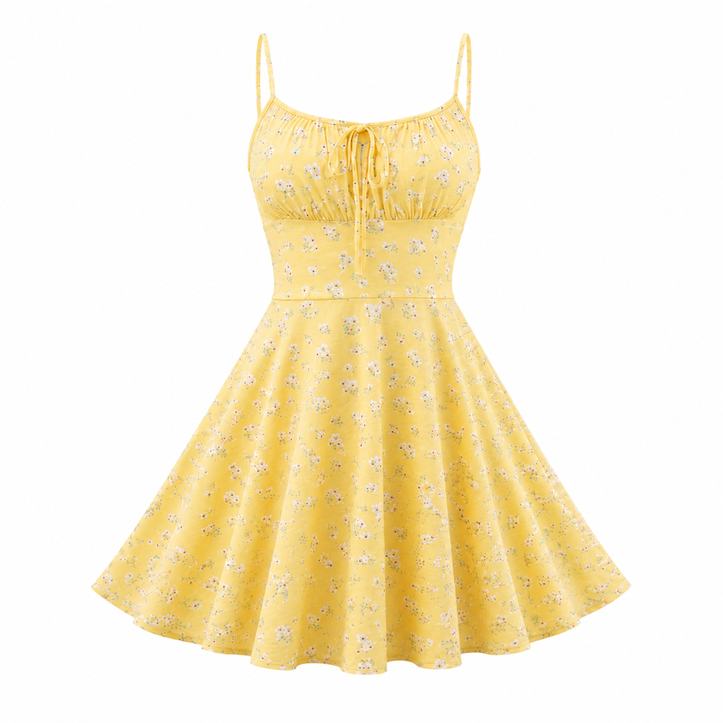 Floral Mini Dress with Spaghetti Straps and Floral Print