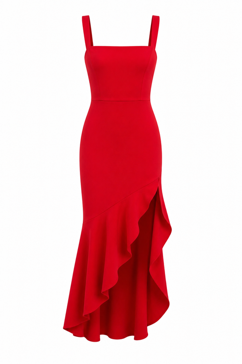 Ruffle Hem Midi Dress with Square Neckline