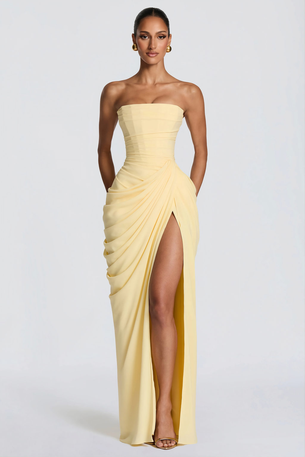 Strapless Maxi Dress with High Slit Elegant Style